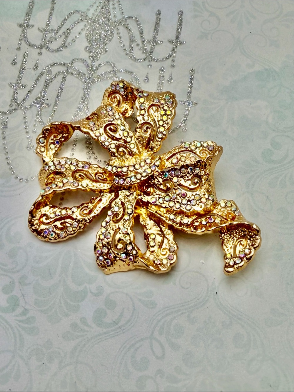Gold Crystal Bow Brooch  #cz433